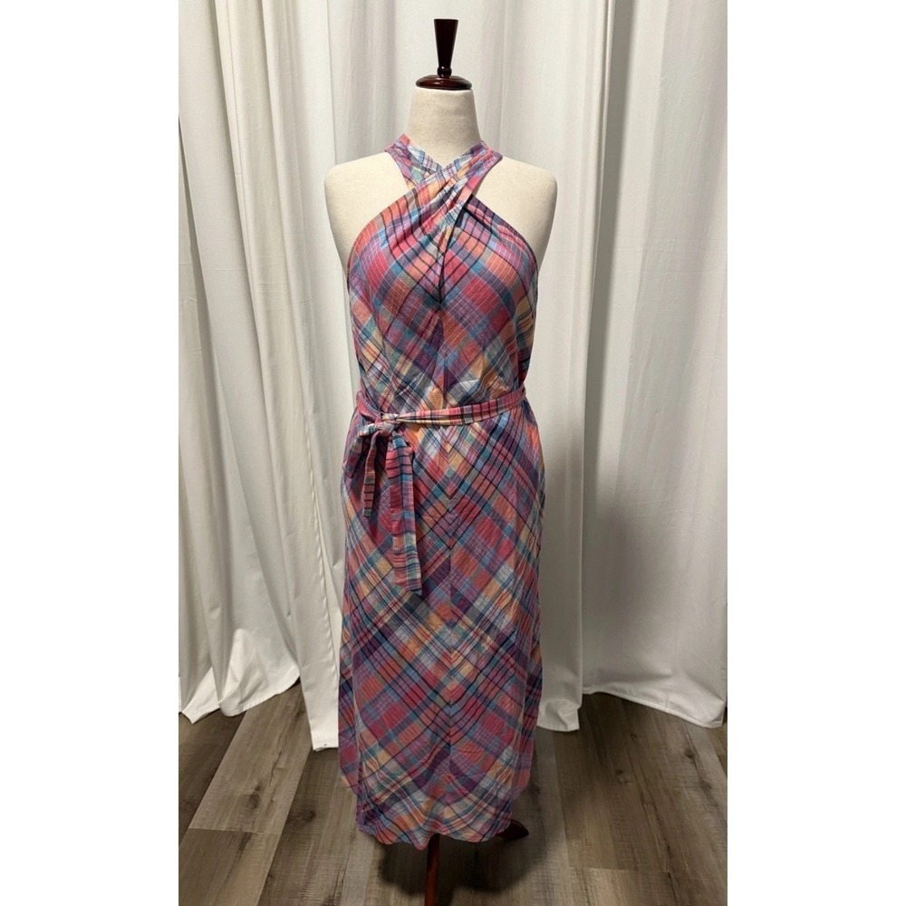 Tommy Bahama Plaid Halter Midi Dress Linen Blend Belted NWT M Resort Vacation